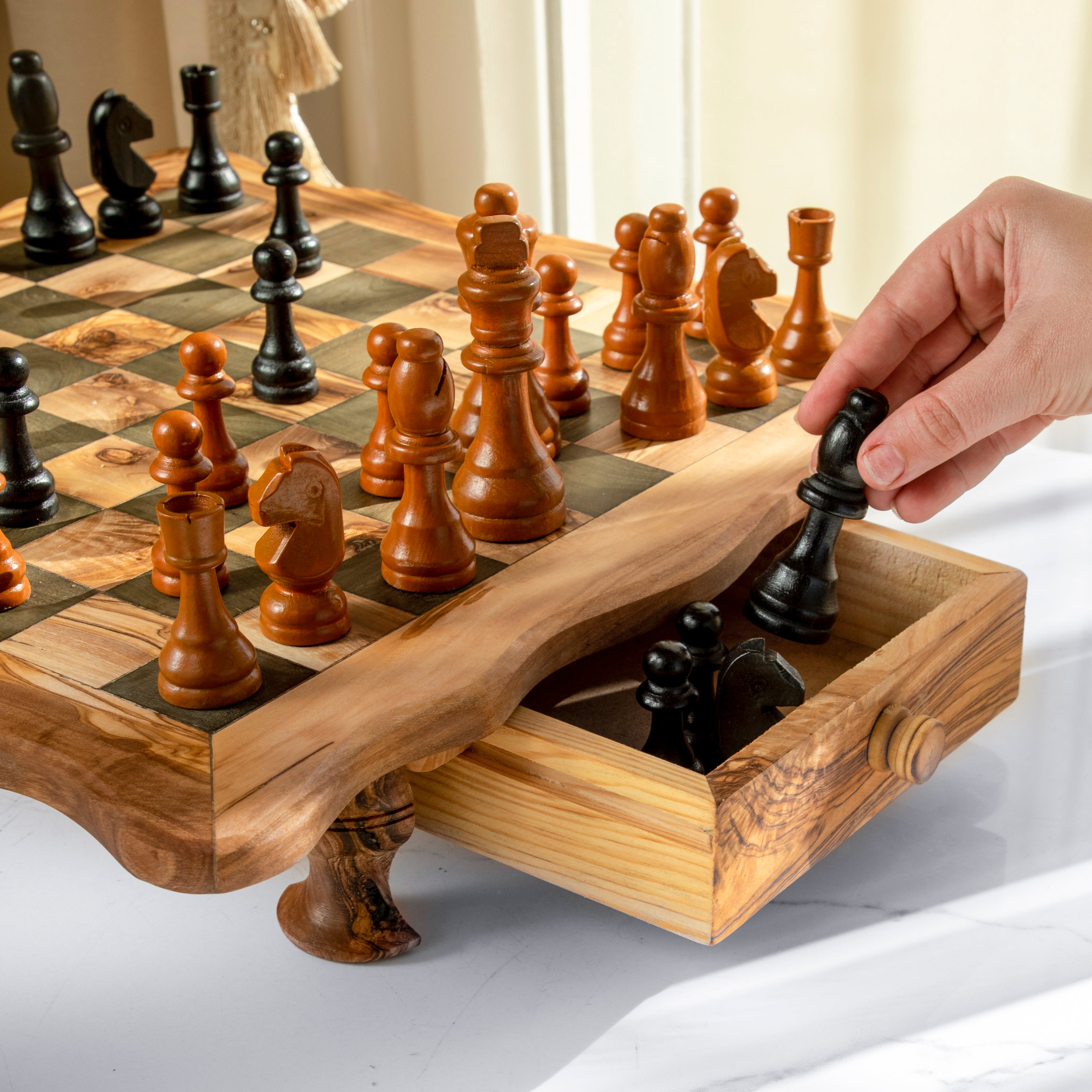 Chess Set With Wavy-Edged Board And Rustic Legs - ArtisRaw
